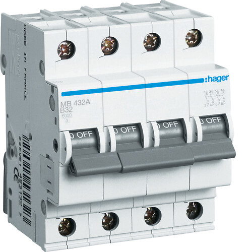 Automatinis jungiklis, 4P, B-32A, 6kA, 4 moduliai