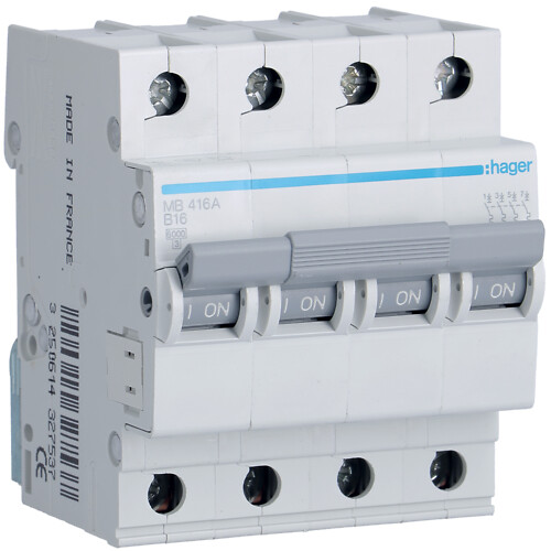 Automatinis jungiklis, 4P, B-16A, 6kA, 4 moduliai