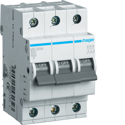 Automatinis jungiklis, 3P, B-25A, 6kA, 3 moduliai