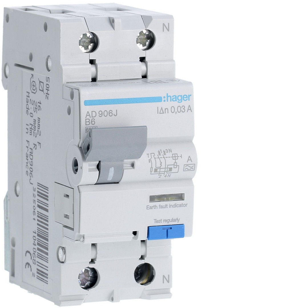 Srovės nuotėkio relė su automatiniu jungikliu, 2P, 6kA, B-6A, 30mA, A tipas