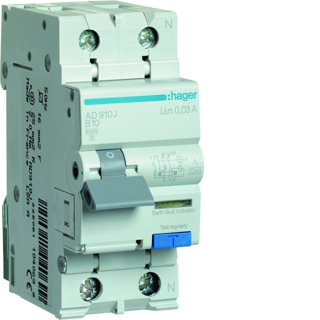 Srovės nuotėkio relė su automatiniu jungikliu, 2P, 6kA, B-10A, 30mA, A tipas