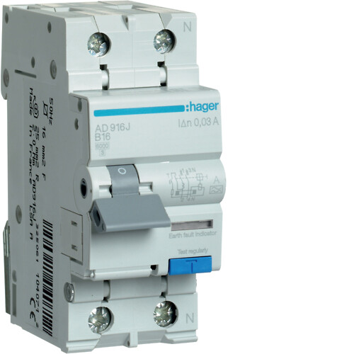 Srovės nuotėkio relė su automatiniu jungikliu, 1P+N, 6kA, B-16A, 30mA, A tipas