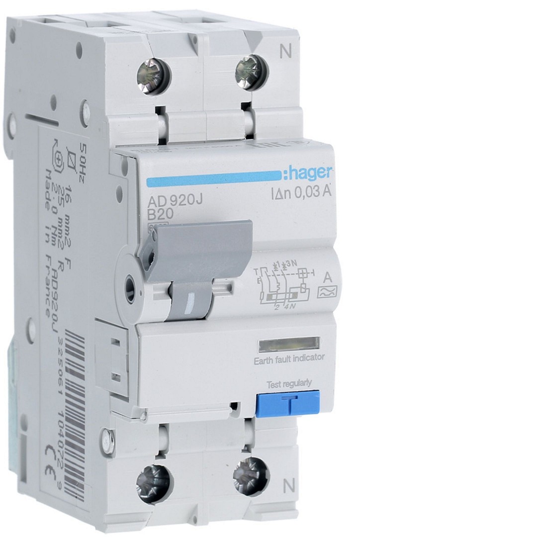 Srovės nuotėkio relė su automatiniu jungikliu, 1P+N, 6kA, B-20A, 30mA, A tipas