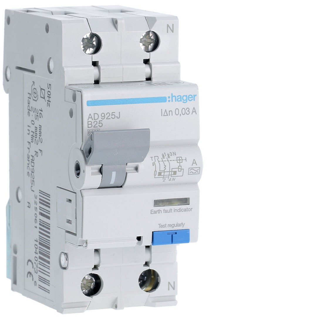 Srovės nuotėkio relė su automatiniu jungikliu, 2P, 6kA, B-25A, 30mA, A tipas