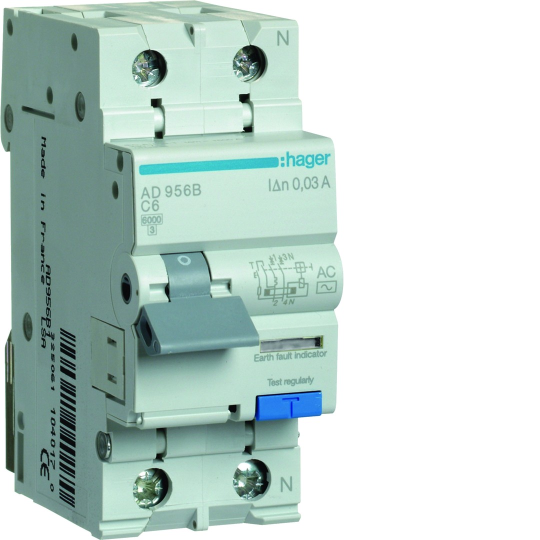 Srovės nuotėkio relė su automatiniu jungikliu, 2P 6kA, C-6A, 30mA, AC tipas