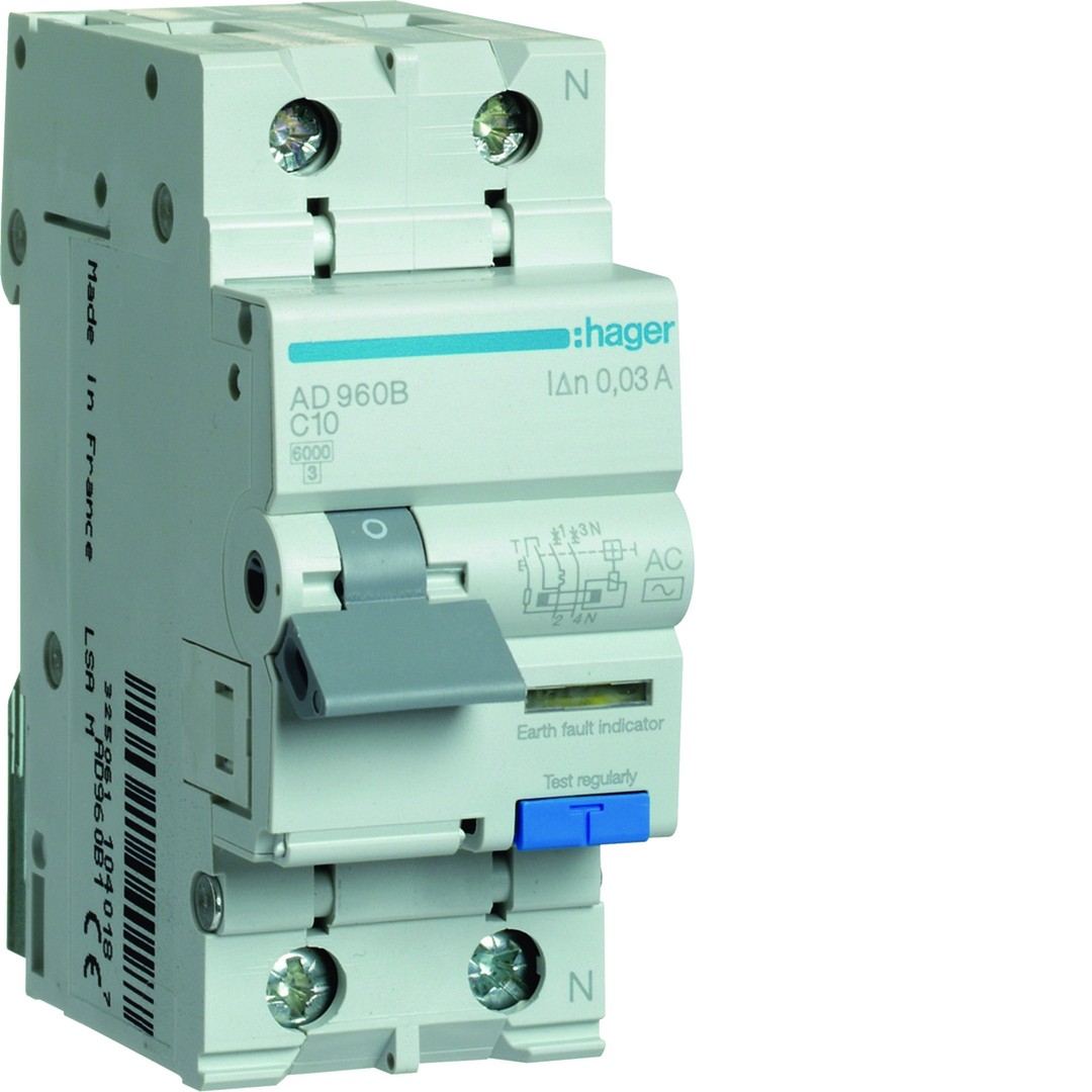Srovės nuotėkio relė su automatiniu jungikliu, 2P 6kA, C-10A, 30mA, AC tipas