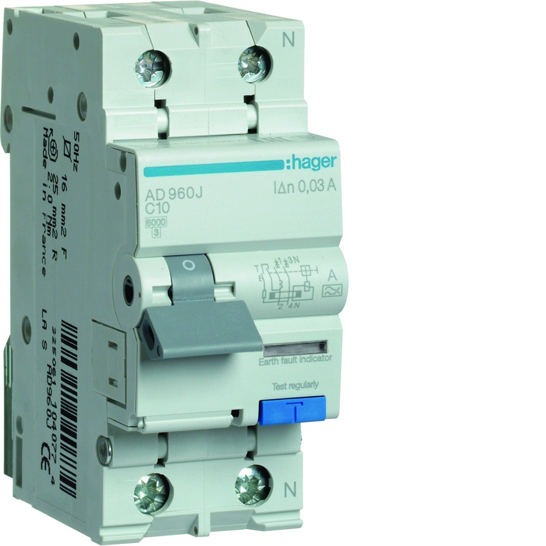 Srovės nuotėkio relė su automatiniu jungikliu, 1P+N, 6kA, C-10A, 30mA, A tipas