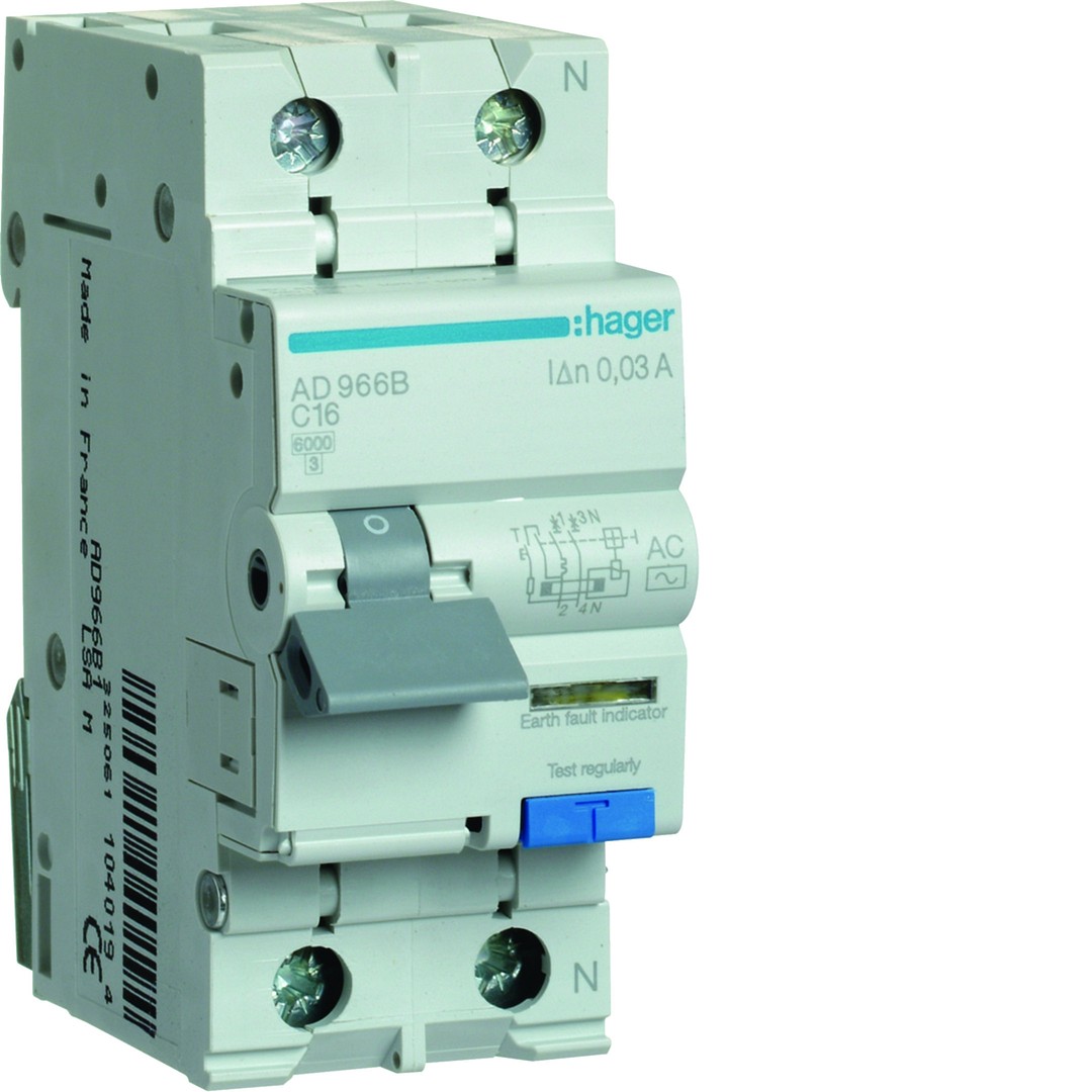 Srovės nuotėkio relė su automatiniu jungikliu, 2P 6kA, C-16A, 30mA, AC tipas