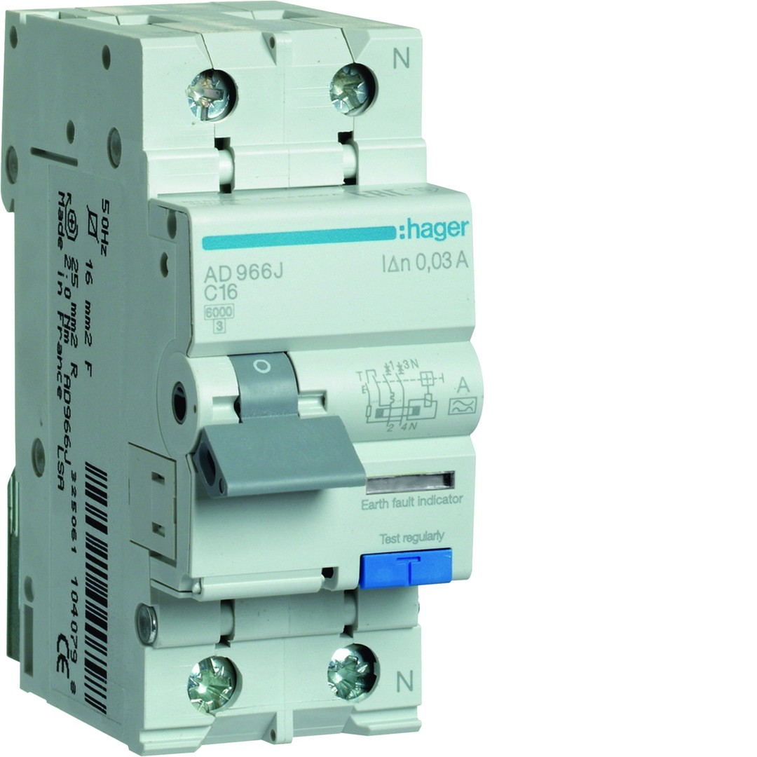 Srovės nuotėkio relė su automatiniu jungikliu, 1P+N, 6kA, C-16A, 30mA, A tipas