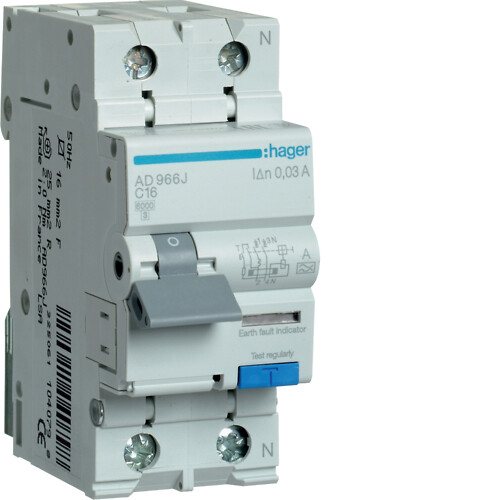 Srovės nuotėkio relė su automatiniu jungikliu, 1P+N, 6kA, C-16A, 30mA, A tipas