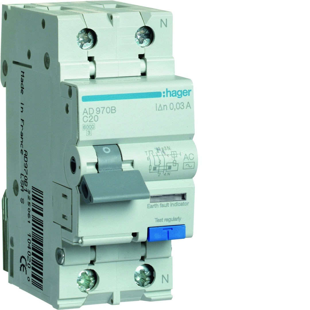 Srovės nuotėkio relė su automatiniu jungikliu, 2P, 6kA, C-20A, 30mA, AC tipas