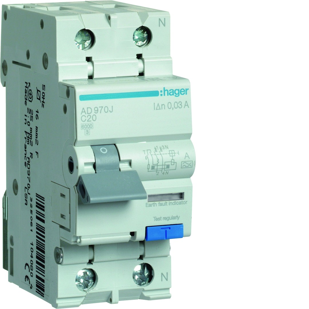 Srovės nuotėkio relė su automatiniu jungikliu, 1P+N, 6kA, C-20A, 30mA, A tipas
