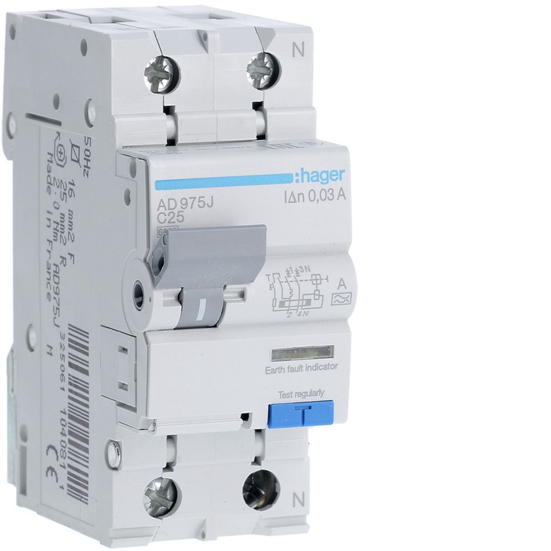 Srovės nuotėkio relė su automatiniu jungikliu, 1P+N, 6kA, C-25A, 30mA, A tipas