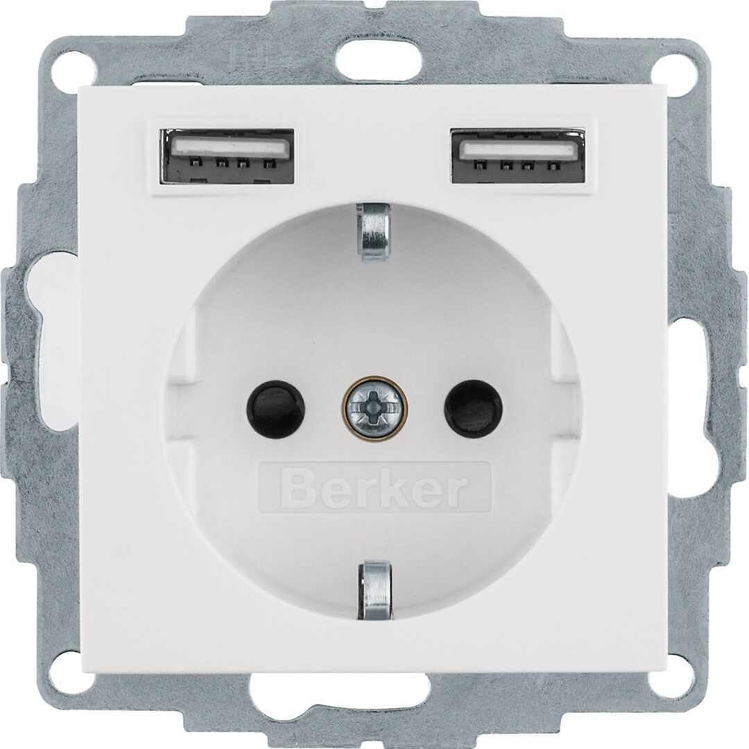 Schuko lizdas/USBx2, 2,4A, Berker S1/B3/B7 baltas blizgus