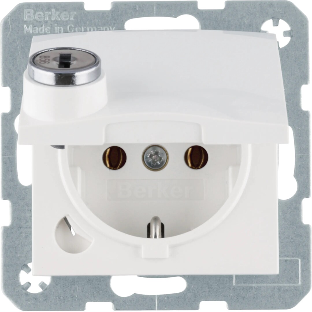 Schuko lizdas QC su dangteliu su raktu Berker S1/B3/B7 baltas blizgus
