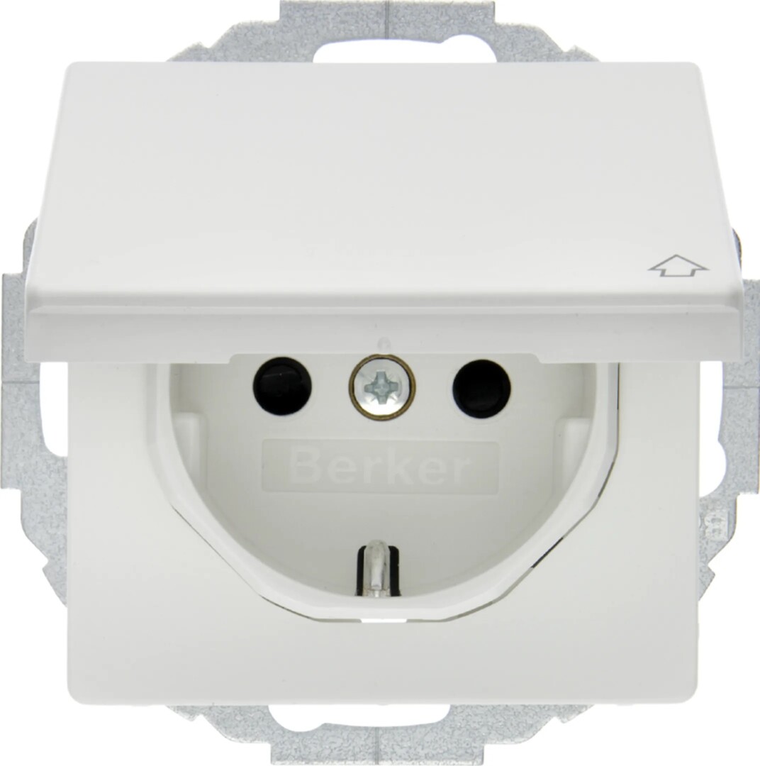 Schuko lizdas QC "Safety Plus"su dangteliu 45˚ Berker Q1/Q3/Q7 baltas matinis