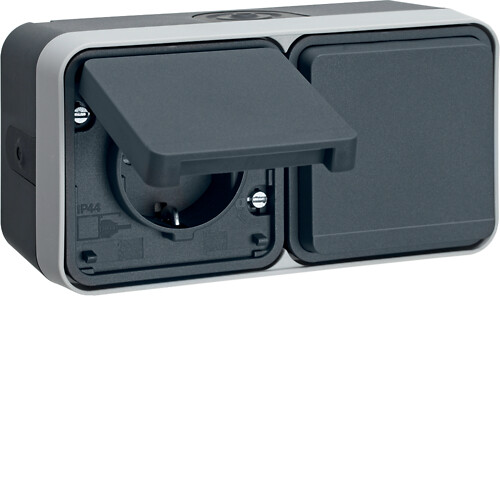 WNC182 Schuko lizdas su dangt.2-vietis „Safety Plus“ v/t IP55, pilkas matinis