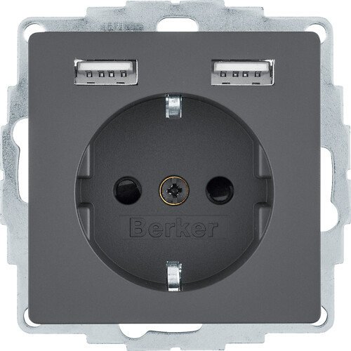 Schuko lizdas/USBx2, 2,4A, Berker Q1/Q3, antracito velvetas