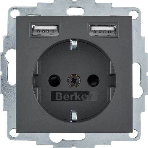 Schuko lizdas/USBx2, 2,4A, Berker S1/B3/B7, matinis antracitas