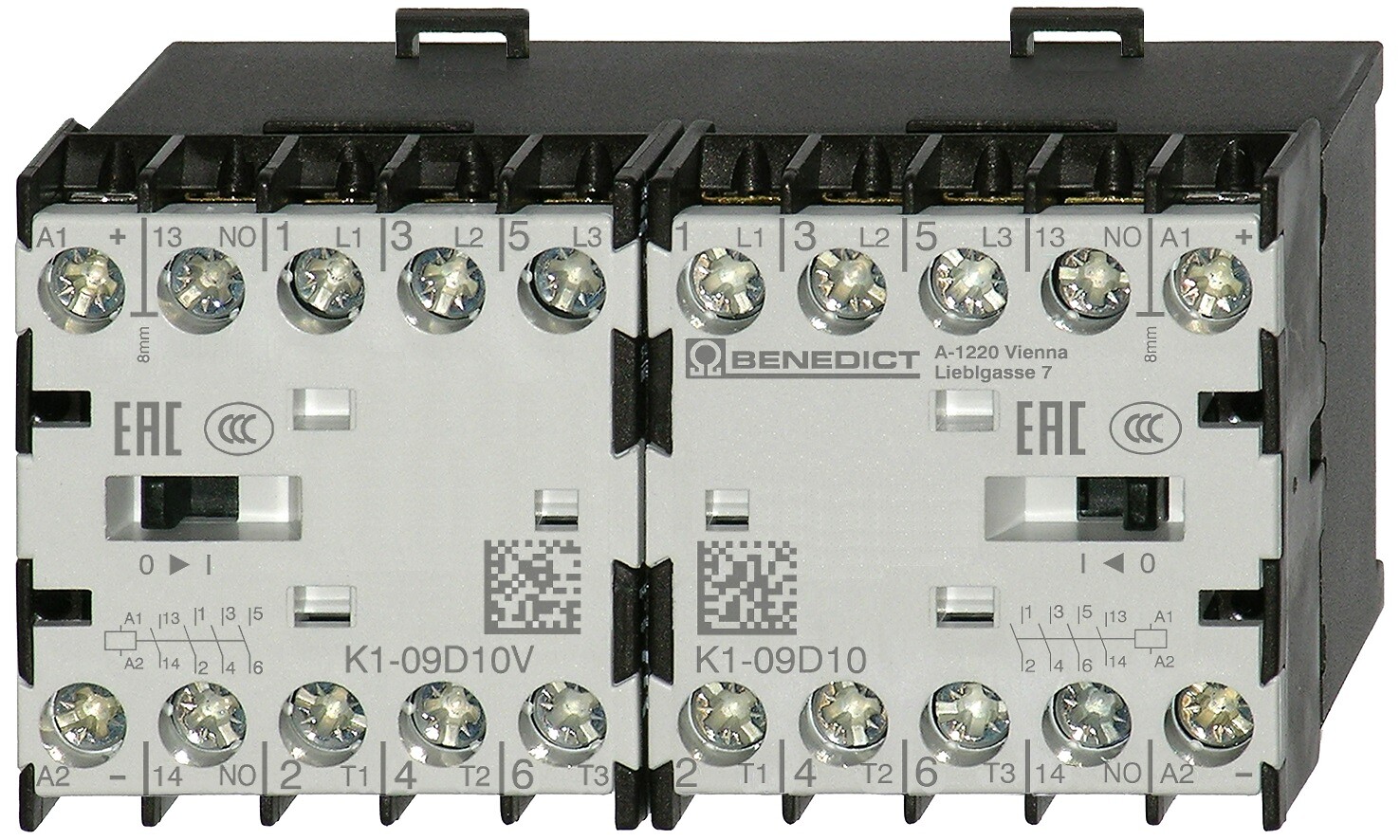 Mini reversinis kontaktorius, 3 poliai, 4kW, ritė 230VAC