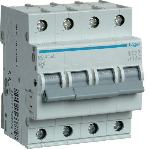 Automatinis jungiklis, 4P, 6kA, C-25A, 4 moduliai