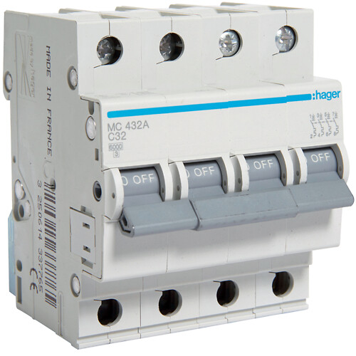 Automatinis jungiklis, 4P, 6kA, C-32A, 4 moduliai