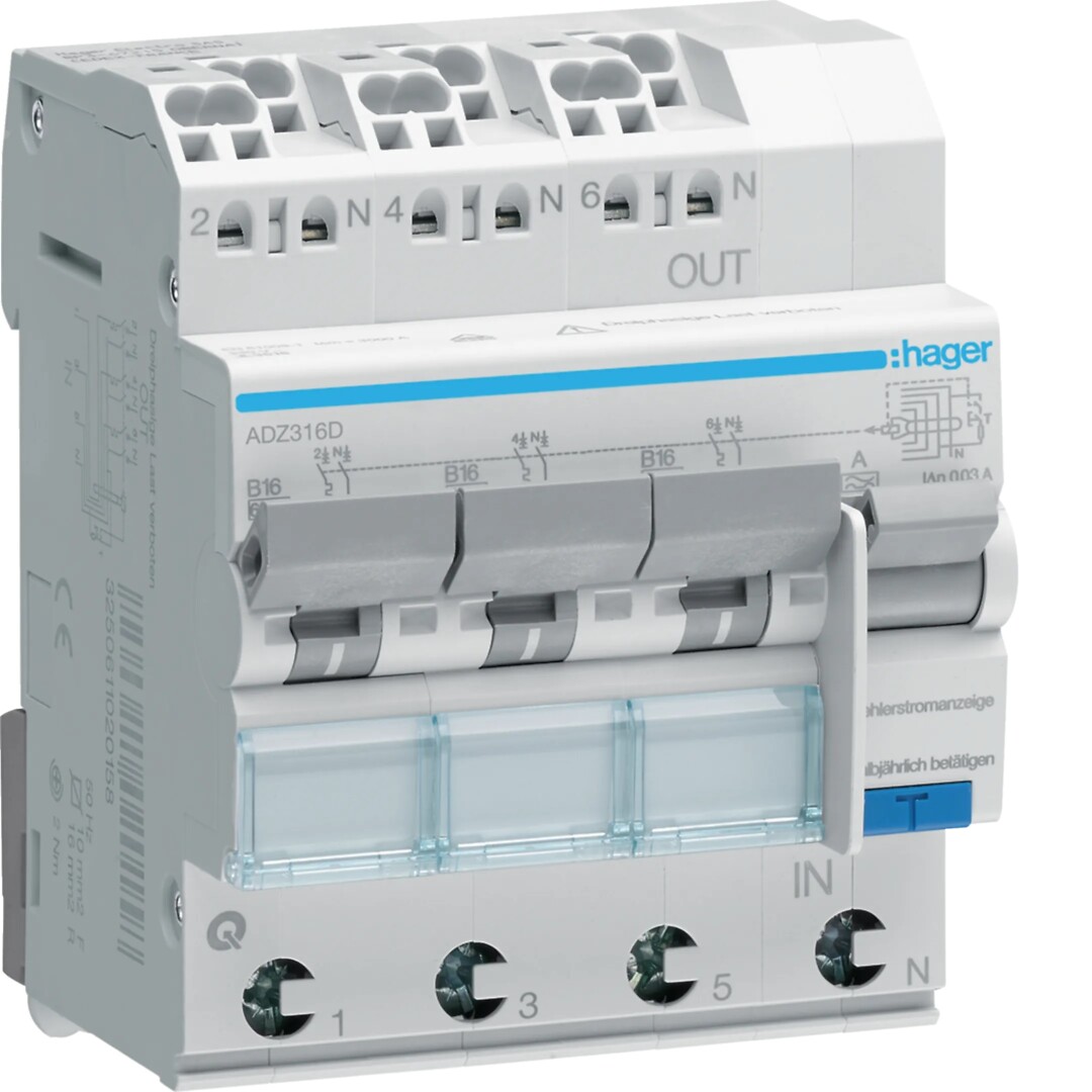 Kombinētais automāts 3X1P+N 6kA B-16A 30mA A QC/QBB