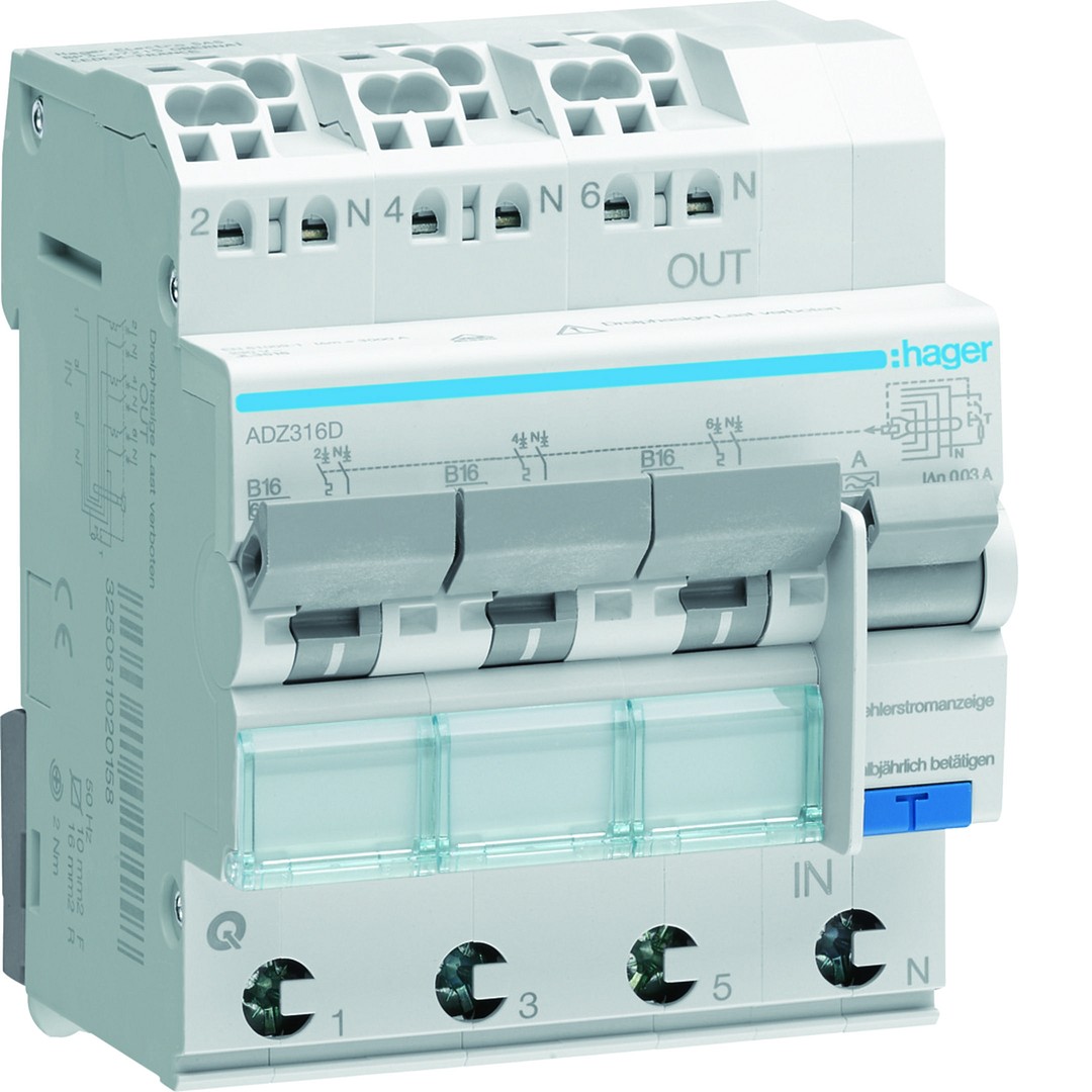 Kombinētais automāts 3X1P+N 6kA B-16A 30mA A QC/QBB