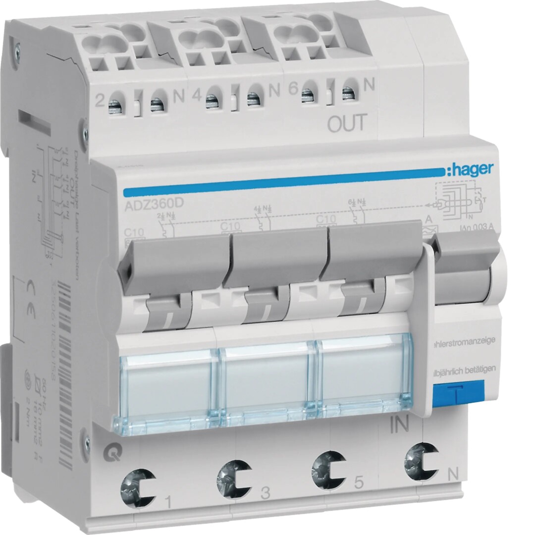 Kombinētais automāts 3X1P+N 6kA C-10A 30mA A QC/QBB