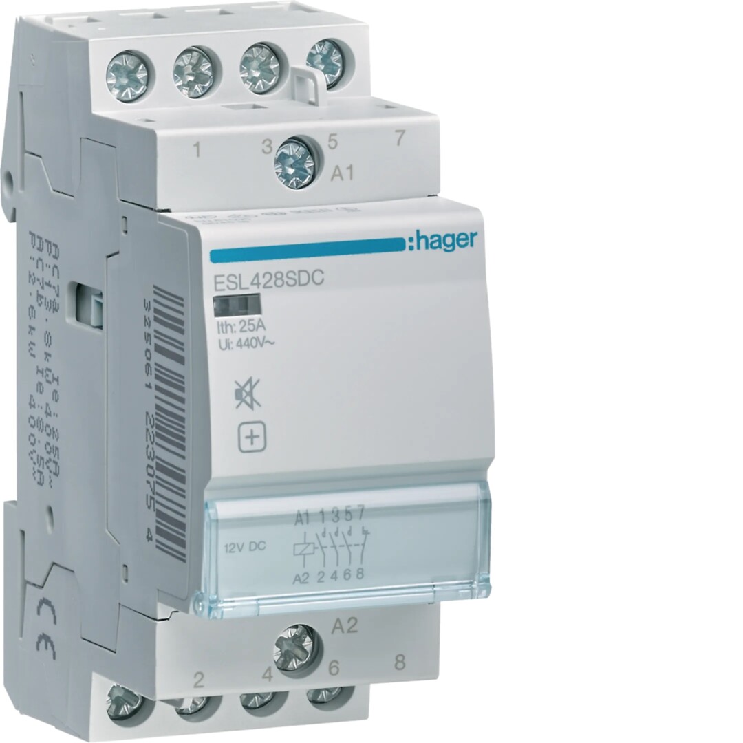 Kontaktor, 12V DC, 2-modul, 4-pol, 3NO+1NC, for din-skinne, brumfri
