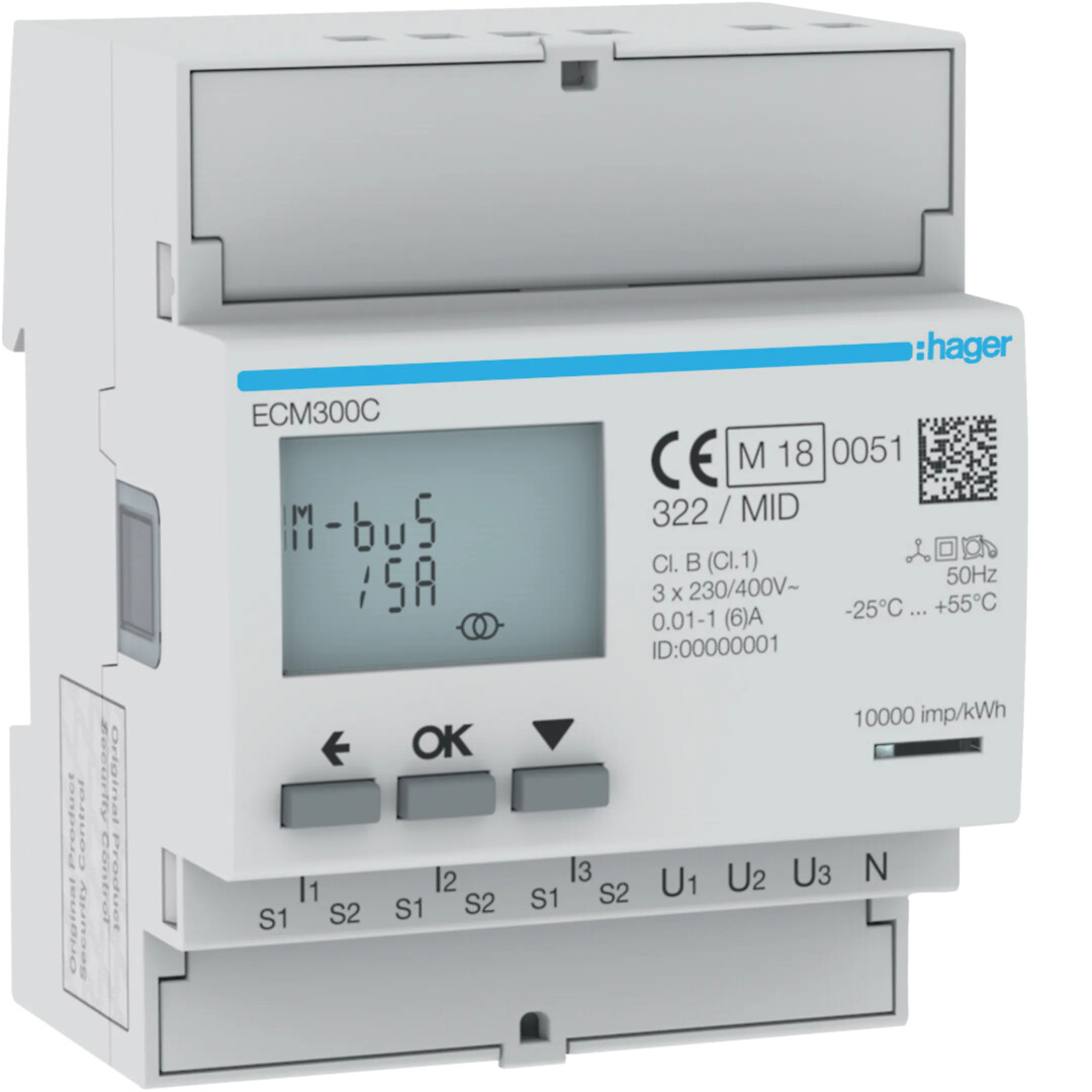 kWh måler 3-fas via strømtrafo 1-5A, 230/ 400V AC, 4-modul, mbus, MID
