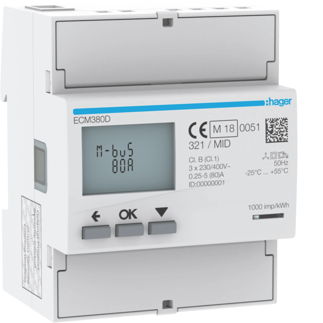 kWh måler 3-fas 80A direkte, 230/ 400V AC, 4-modul, mbus, MID