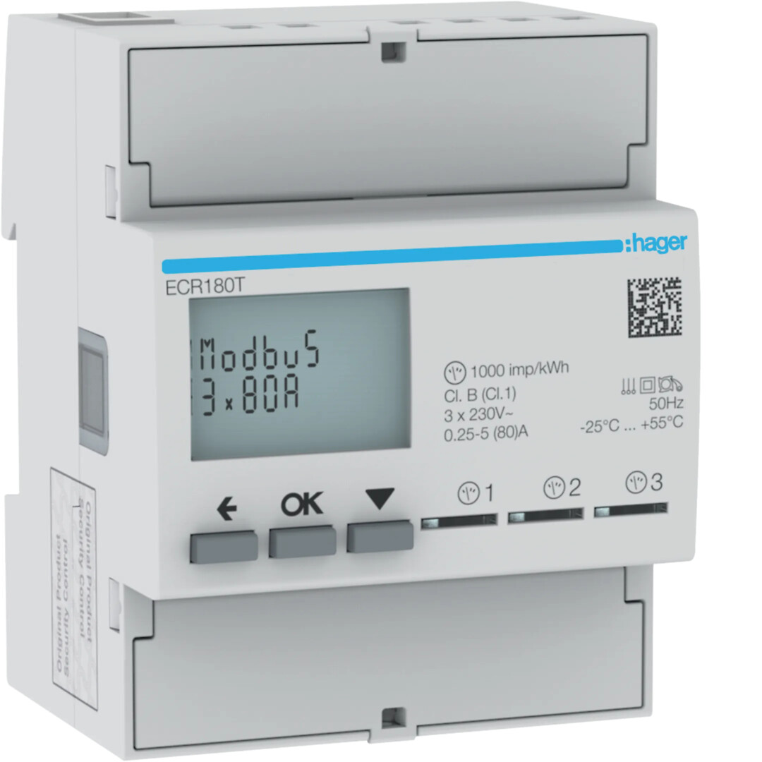 kWh måler 3 stk 1-fas 80A direkte, 400V TN, 4 modul, modbus