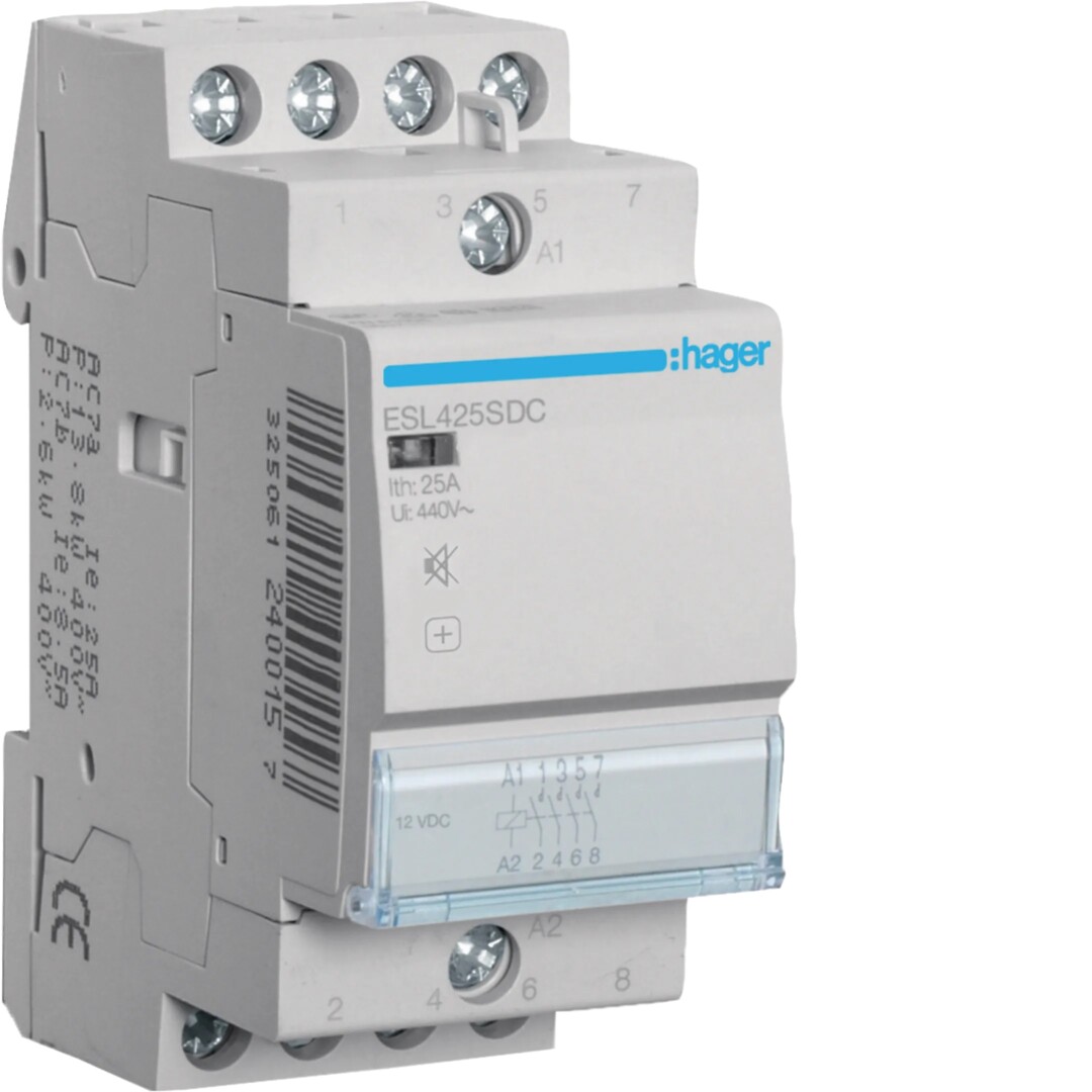 Kontaktor, 12V DC, 2-modul, 4-pol NO, for din-skinne, brumfri