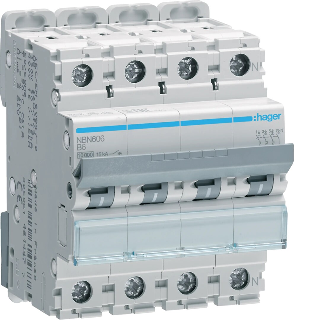 Automatsikring 3+N, 4-mod, 10/ 15kA, B-kar, 3+N 6A