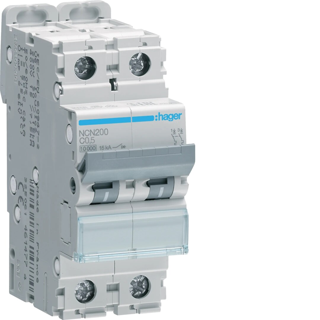 Automatsikring 2-pol, 2-mod, 10/ 15kA, C-kar, 2×0,5A