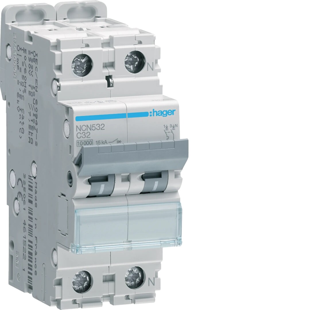 Automatsikring 1+N, 2-mod, 10/ 15kA, C-kar, 1+N 32A
