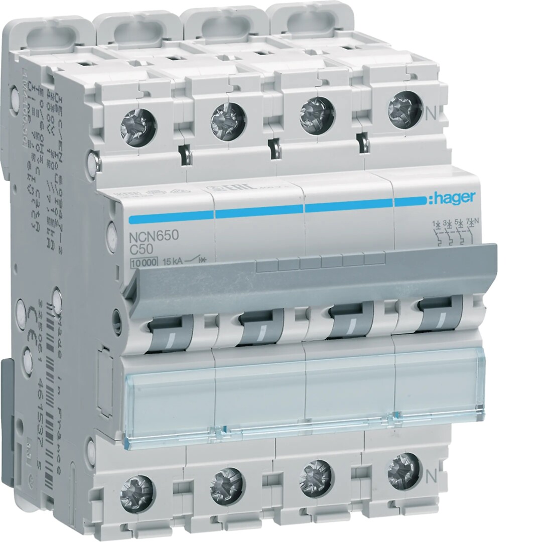 Automatsikring 3+N, 4-mod, 10/ 15kA, C-kar, 3+N 50A