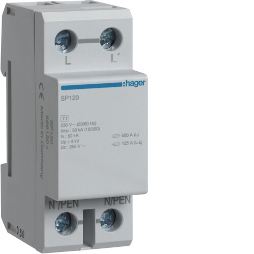 Oversp.vern 1-pol 230/ 400V nett, Uc 255V, Up 4kV, Iimp 50kA, In 50kA, type 1