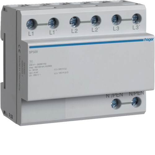 Oversp.vern 3-pol 230/ 400V nett, Uc 255V, Up 4kV, Iimp 50/100kA, type 1