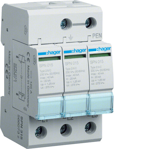 Overspenningsvern type 2, 3-p 400V TNC, Uc 275V, Up ≤ 1,5kV, In 20kA, Iimp 40kA