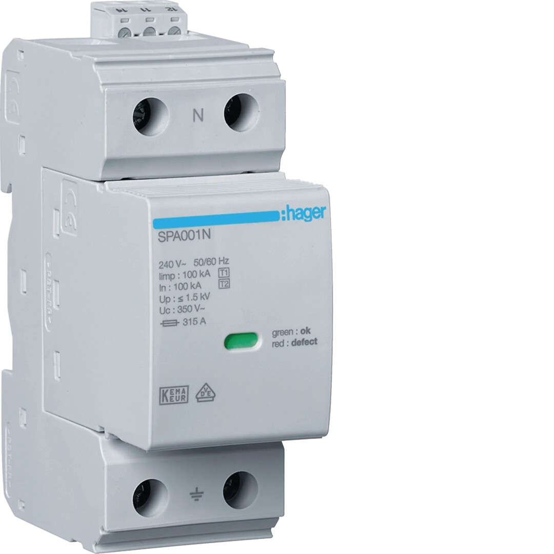 Yhdistelmäylijännitesuoja T1+T2 1N N-PE Iimp 100kA Uc 1.5KV hälytysk. + etukoj.