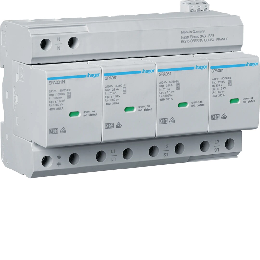 Yhdistelmäylijännitesuoja T1+T2 4N Uc 350V Iimp 25kA Up 1.5kV TNS/TT häl.kosk.