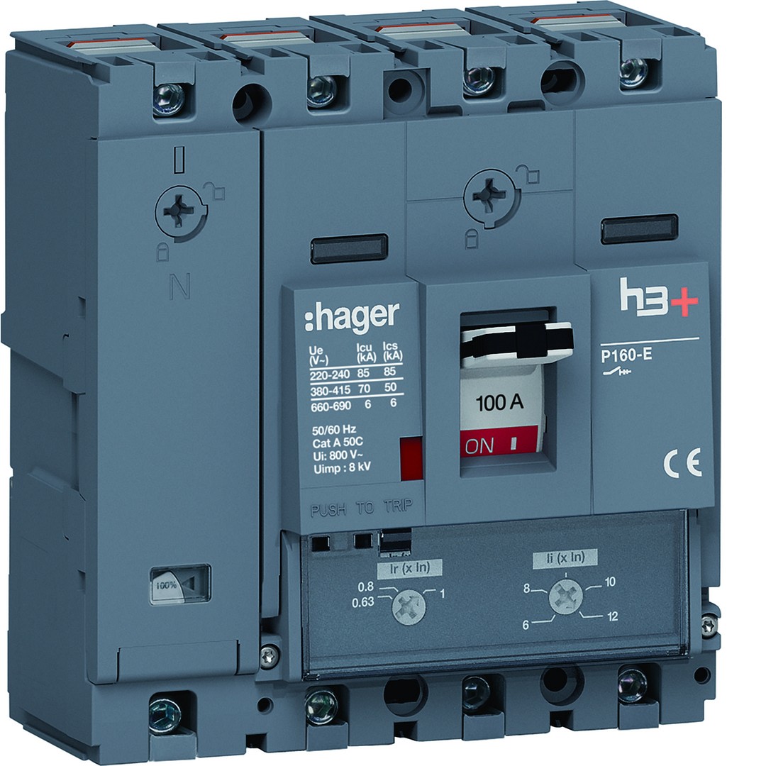 Kompaktikatkaisija h3+ p160 aset. TM-suojareleellä 4-napainen 100A 70kA