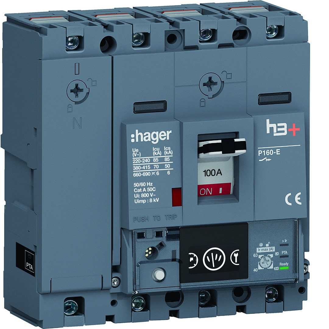 Kompaktikatkaisija h3+ p160 mittaust. Energy-suojareleellä 4-napainen 100A 70kA