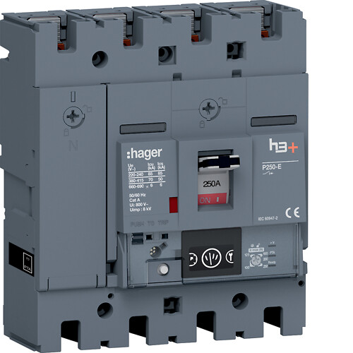 Kompaktikatkaisija h3+ p250 mittaust. Energy-suojareleellä 4-napainen 250A 70kA