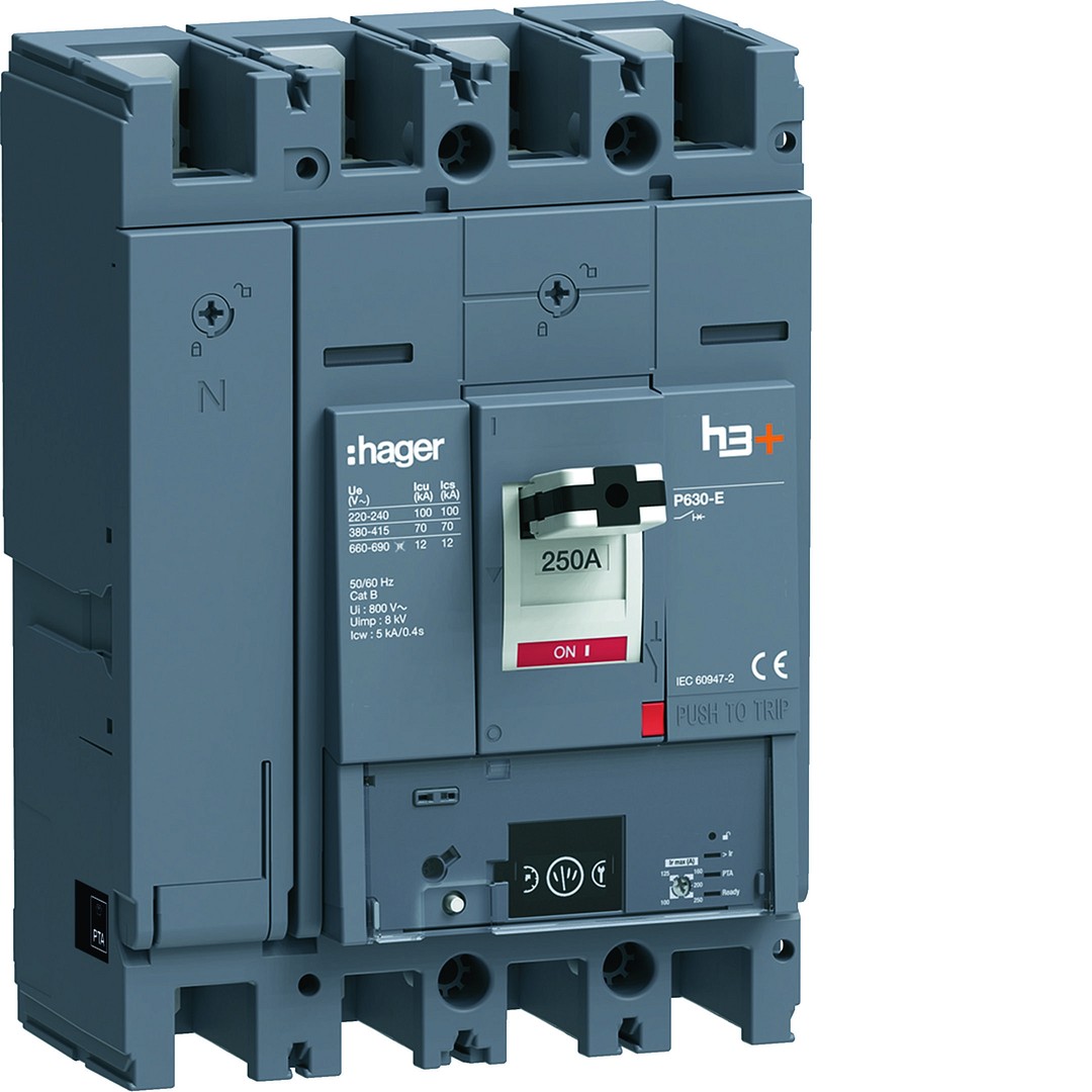 Kompaktikatkaisija h3+ p630 mittaust. Energy-suojareleellä 4-napainen 250A 70kA