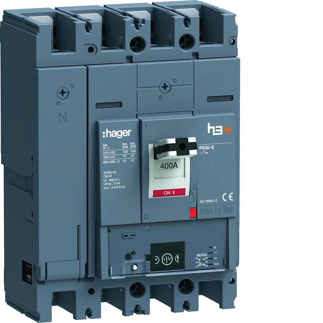 Kompaktikatkaisija h3+ p630 mittaust. Energy-suojareleellä 4-napainen 400A 70kA