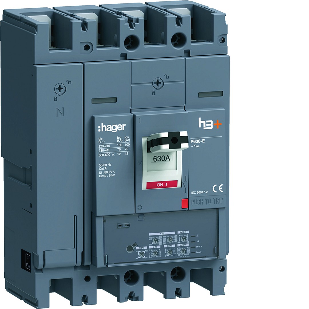 Kompaktikatkaisija h3+ p630 aset. LSI-suojareleellä 4-napainen 630A 70kA