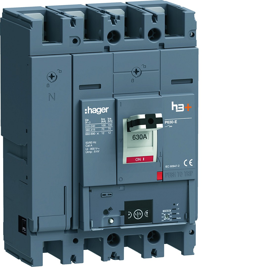 Kompaktikatkaisija h3+ p630 mittaust. Energy-suojareleellä 4-napainen 630A 70kA